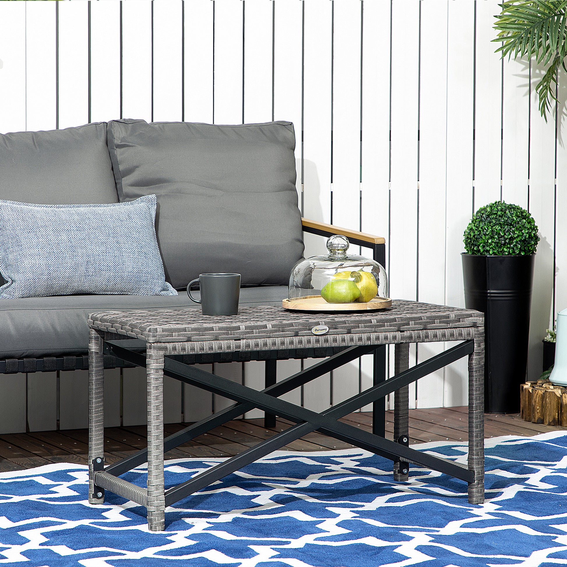 Outdoor Coffee Table, Garden PE Rattan Side Table with Plastic Board Under the Full Woven Table Top and X-Shaped Frame for Patio, Balcony, Mixed