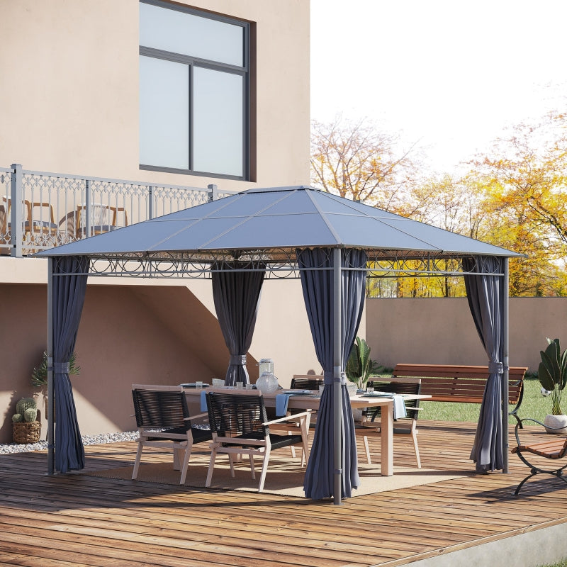 3.6m x 3m Grey Polycarbonate Hardtop Garden Gazebo with Privacy Curtains & Steel Frame