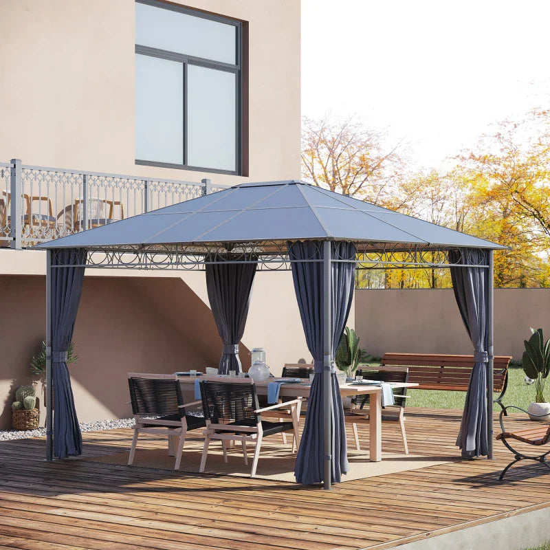 3.6m x 3m Aluminium Frame Hardtop Gazebo – UV Resistant Polycarbonate Garden Shelter with Curtains