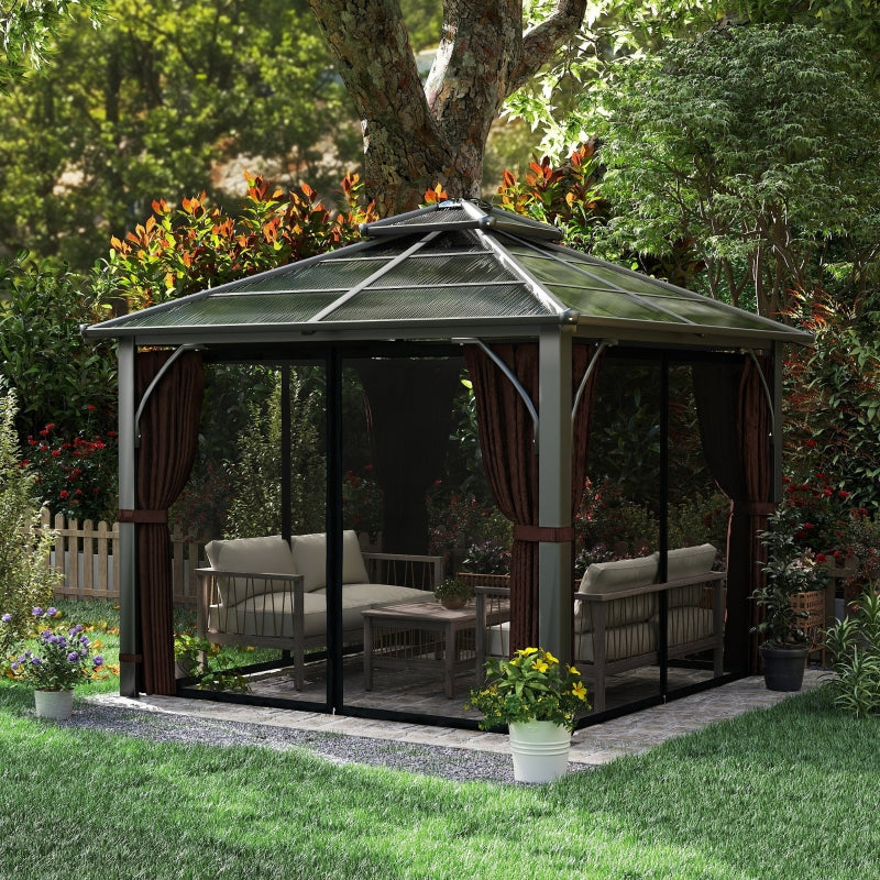 3x3m Brown Permanent Hardtop Gazebo Pavilion – 7mm Polycarbonate Double Roof Garden Shelter with Curtains & Insect Netting