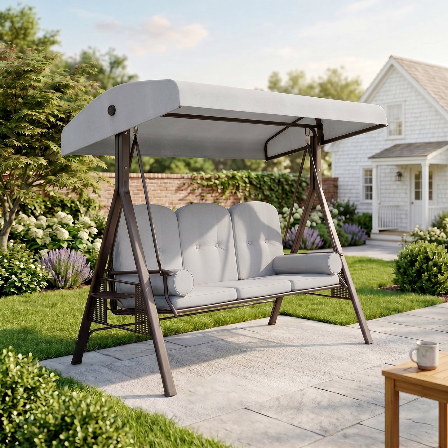 Verona 3 Seater Canopy Swing Chair, Garden Swing Seat with Adjustable Canopy, Cushions and Cup Trays, Steel Frame