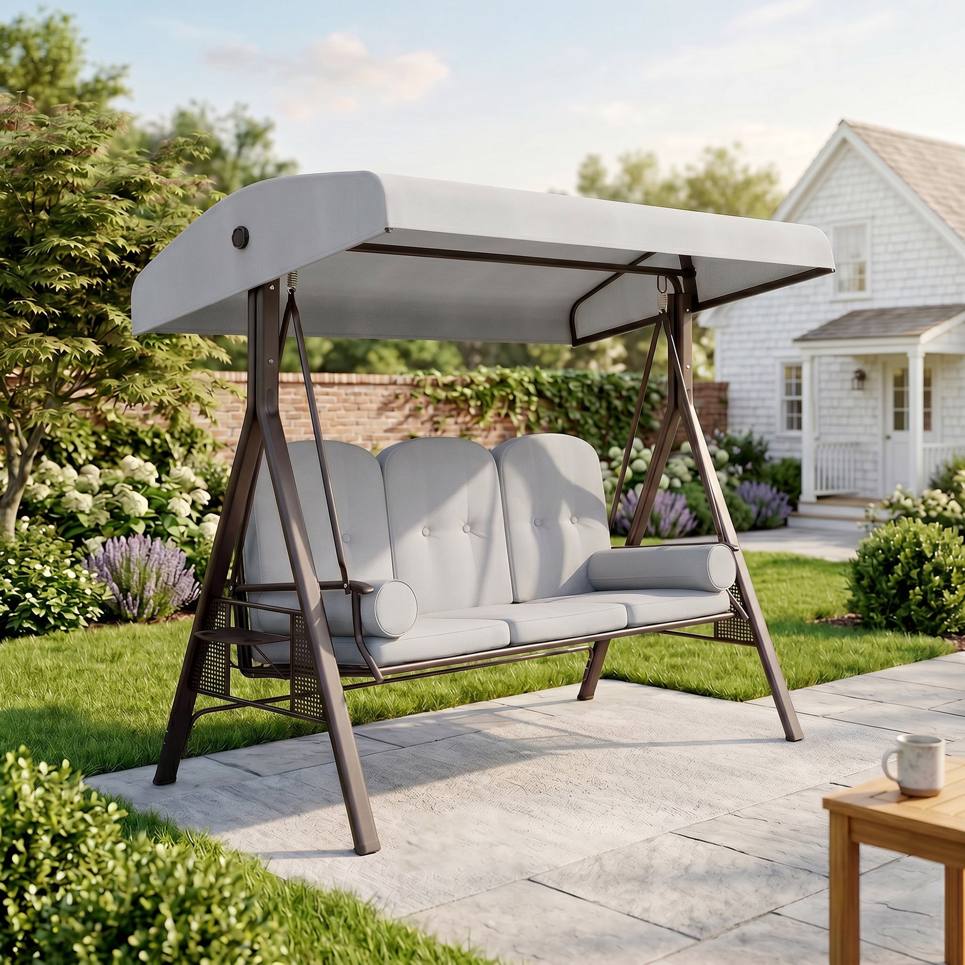 Verona 3 Seater Canopy Swing Chair, Garden Swing Seat with Adjustable Canopy, Cushions and Cup Trays, Steel Frame