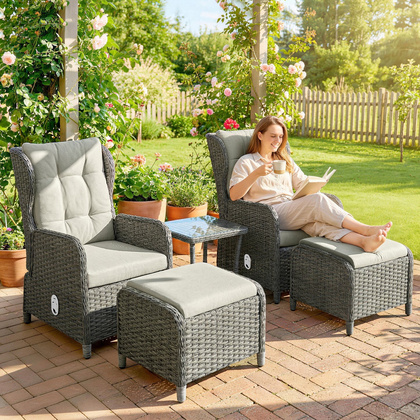 Verona Rattan Reclining Garden Chair Set of 2 with Footstool and Cushion for Balcony, Cream