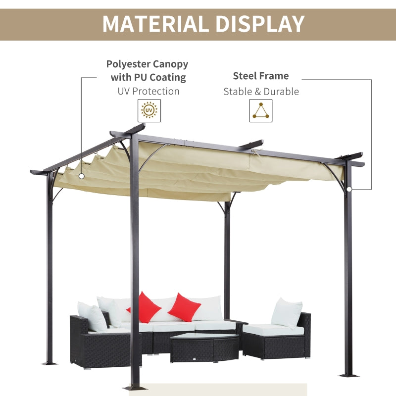 3m x 3m Steel Pergola with Beige Coloured Retractable Shade Canopy