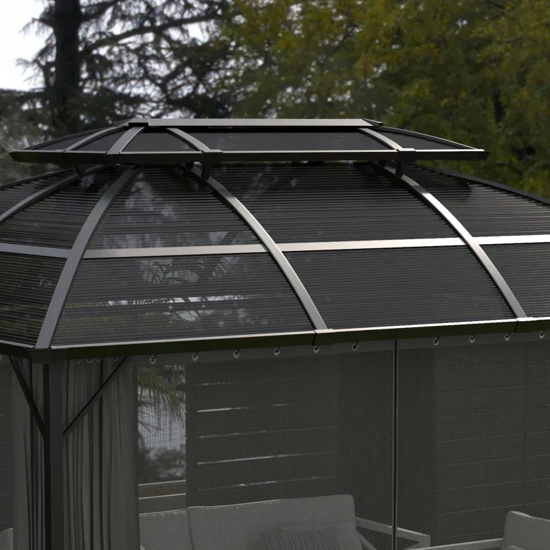 4m x 3m Aluminium Hardtop Gazebo with Polycarbonate Roof, Privacy Curtains & Mesh Sidewalls – Black & Grey