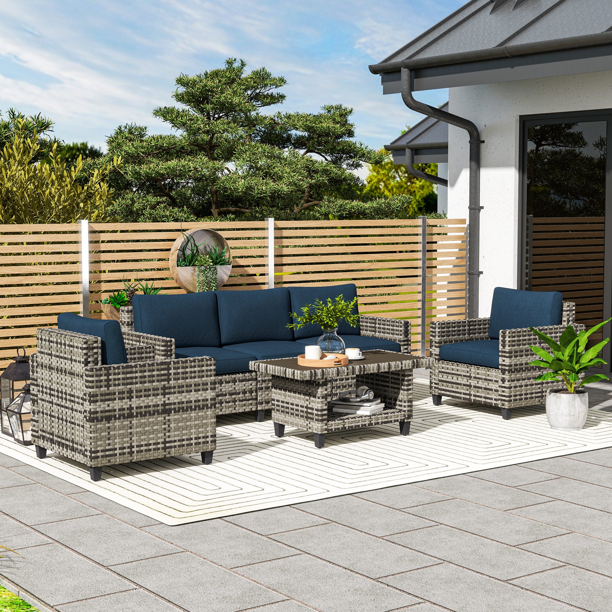 Mediterraneo Six-Piece Modular Rattan Sofa Set - Navy Blue