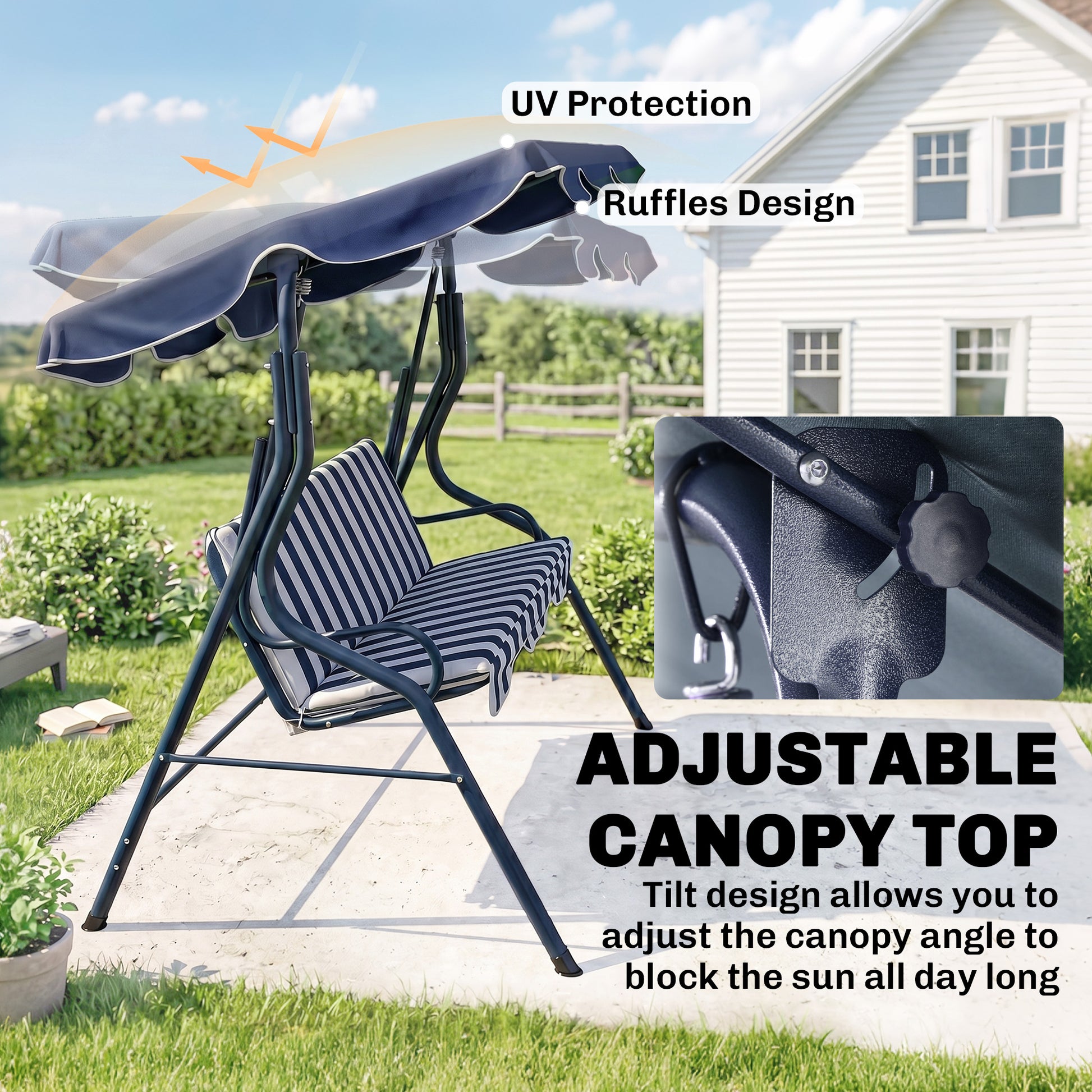 Outsunny 3 Seater Garden Swing Seat Chair Outdoor Bench with Adjustable Canopy and Metal Frame, Blue Stripes