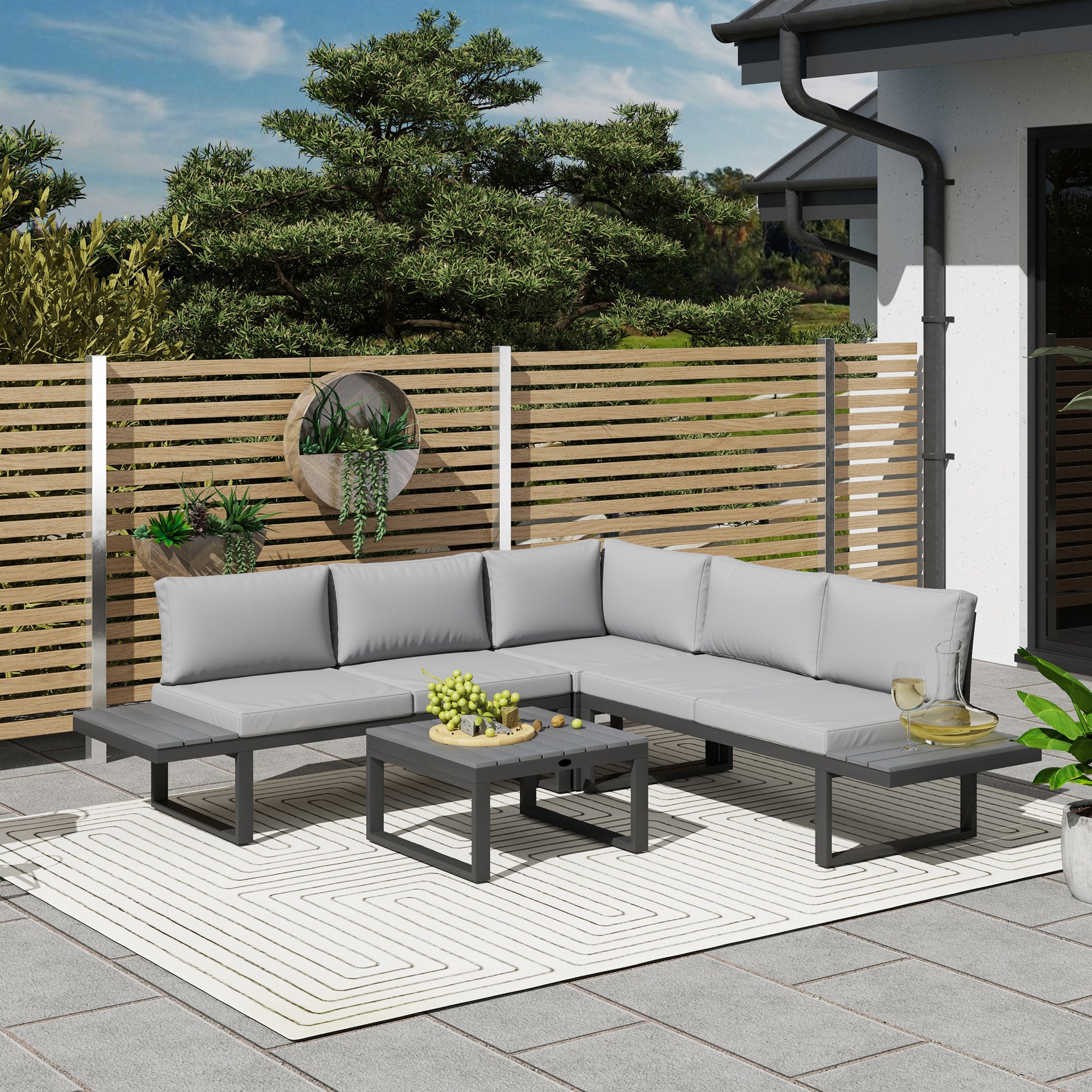 4 Pieces Garden Furniture Set, 5-Level Reclining Garden Corner Sofa Set, Outdoor Lounge Conversation Sectional with Cushions, Wood Effect