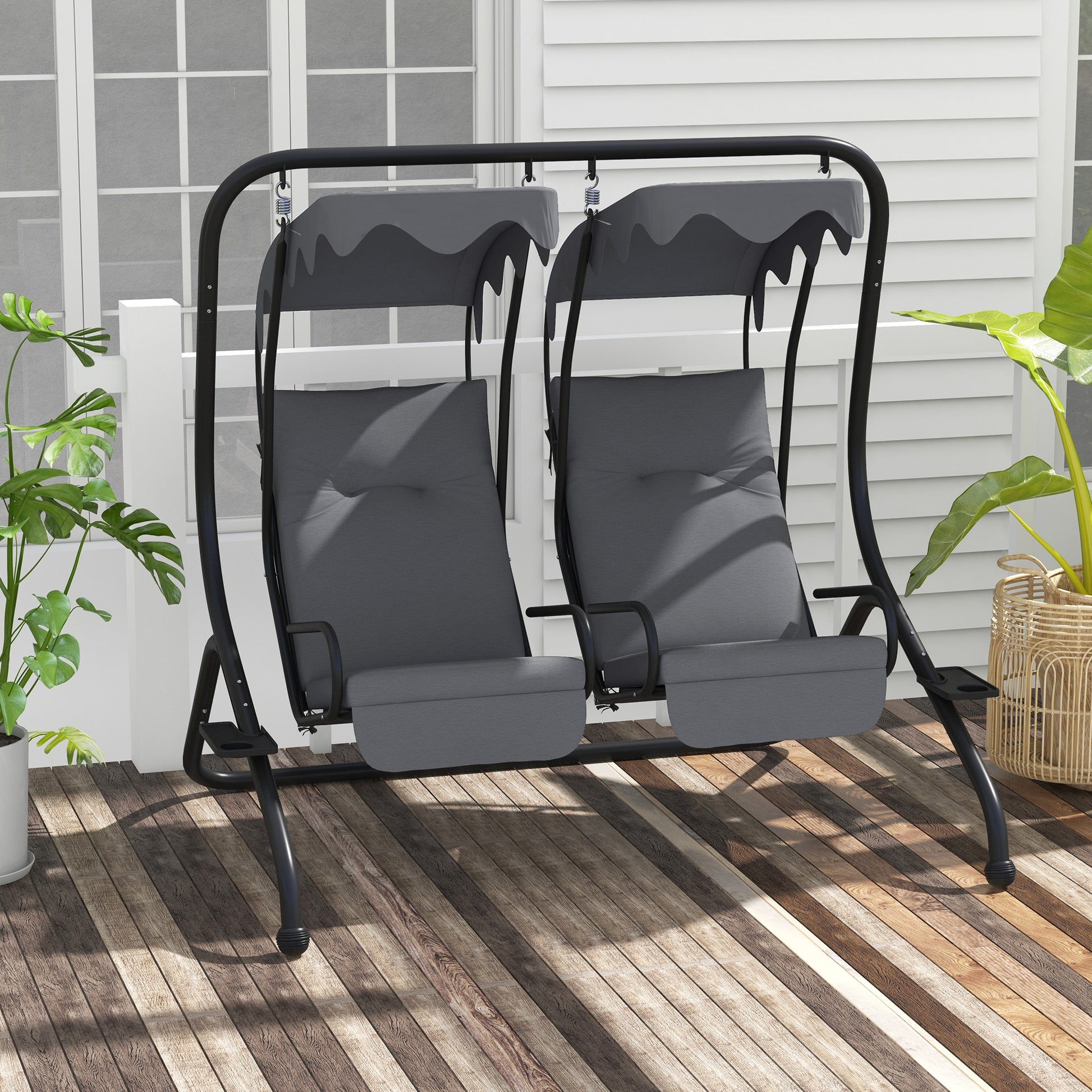 Marbella Two-Seat Garden Swing Chair, with Protective Canopy - Grey