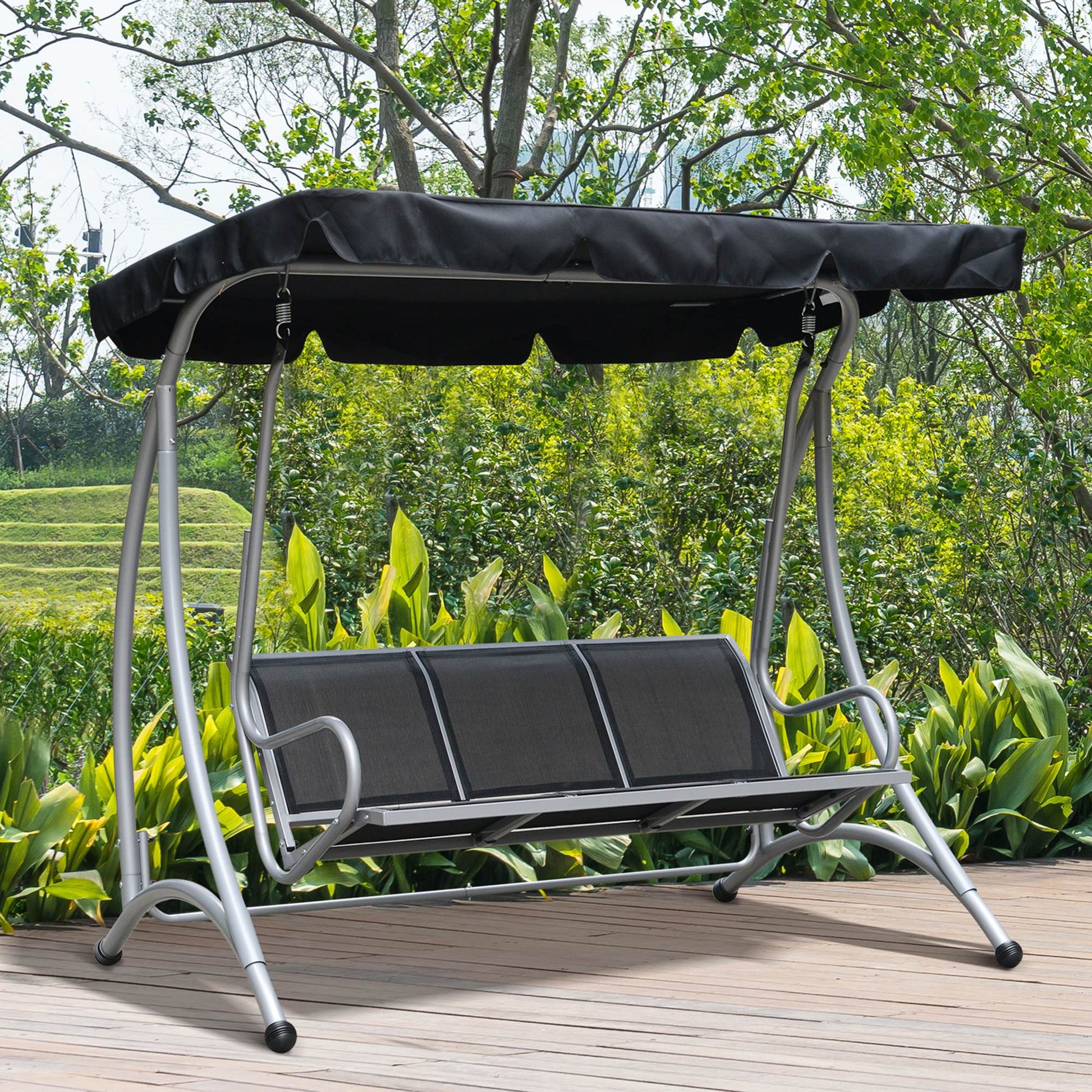 Sorrento Three Person Steel Outdoor Porch Swing Chair Bench with Canopy Cover - Black