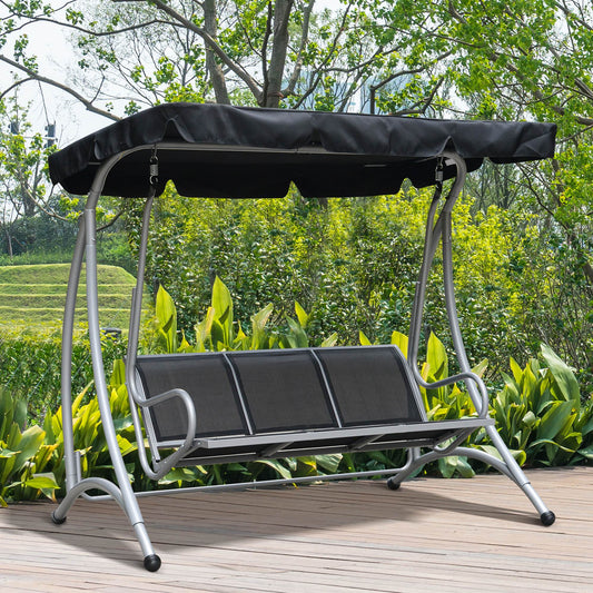 Sorrento Three Person Steel Outdoor Porch Swing Chair Bench with Canopy Cover - Black