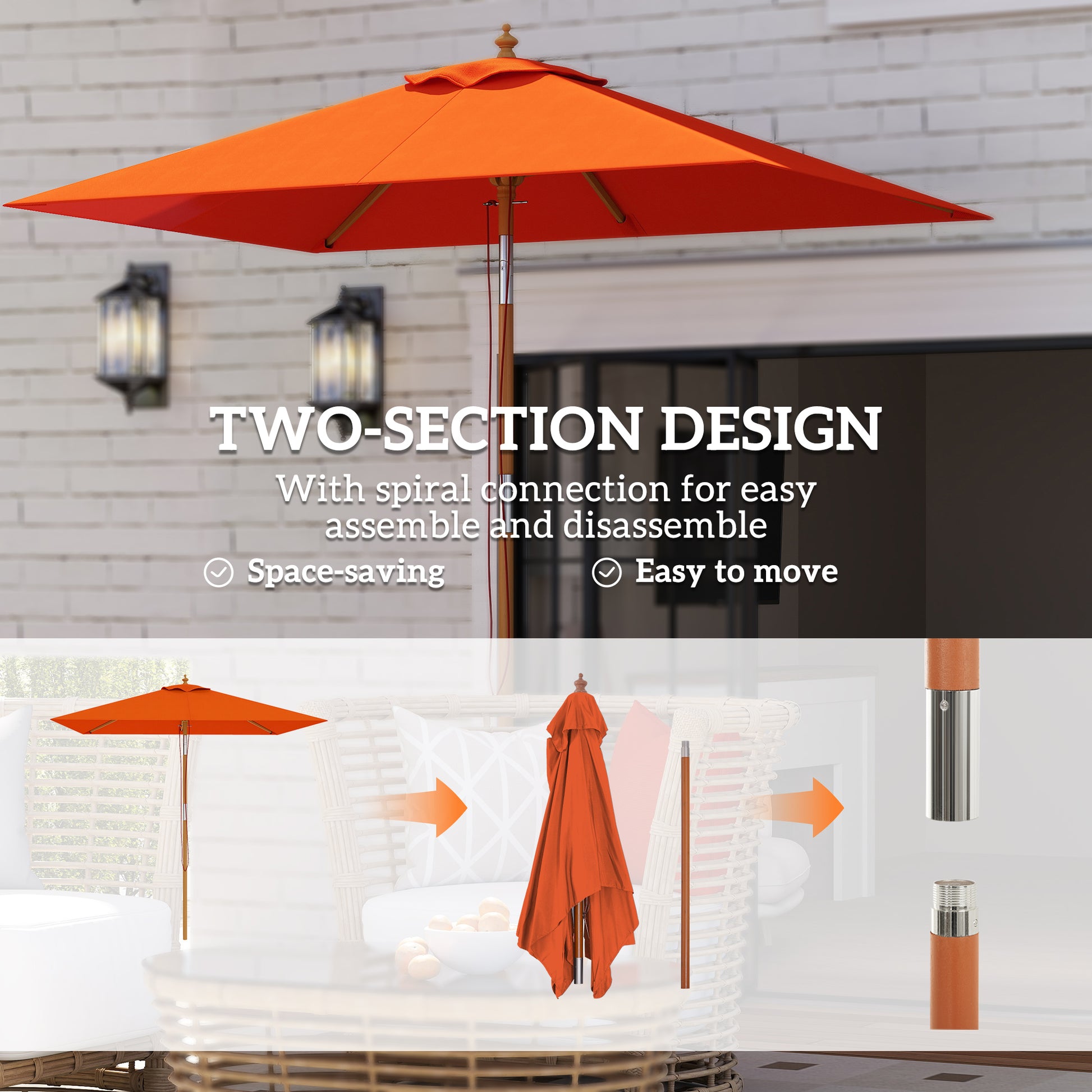 Outsunny 2m Tilting Wooden Pole Parasol - Orange