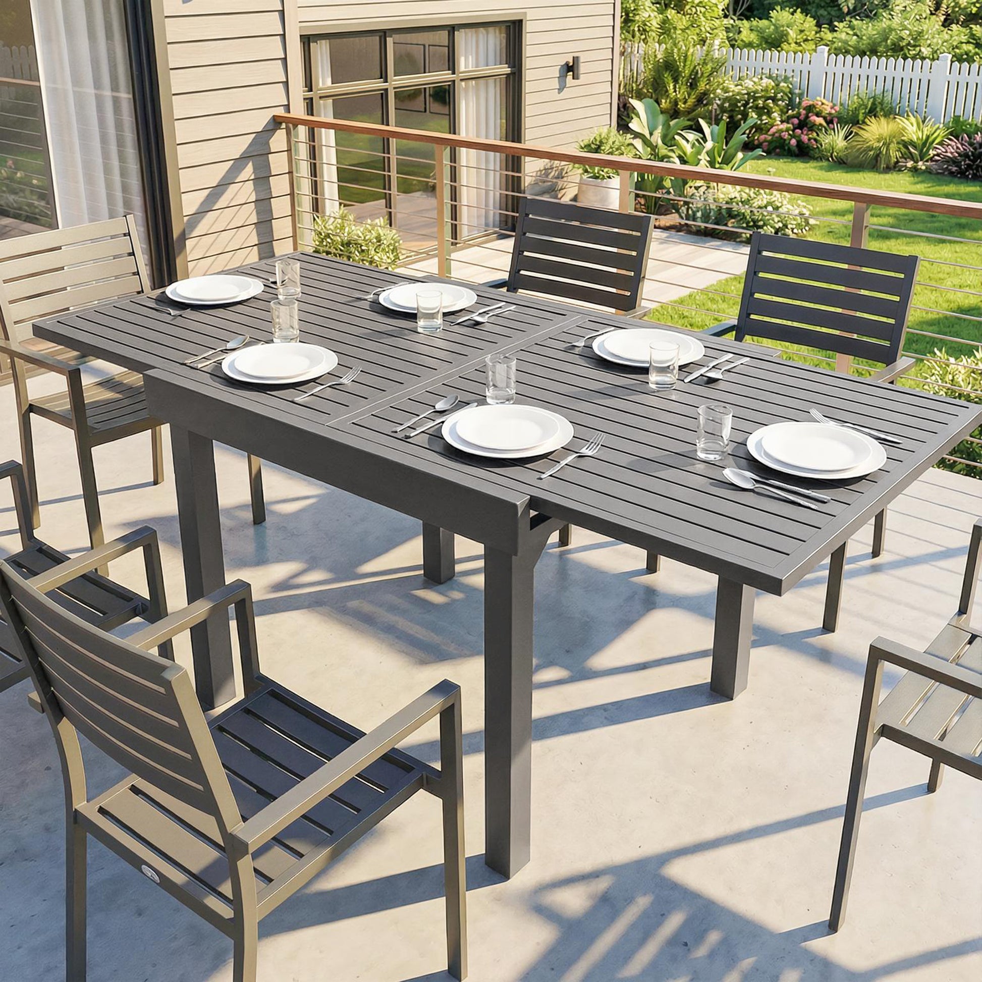 Portofino Extending Garden Table for 4-8 People, Aluminium Garden Dining Table with Slatted Top, Dark Grey