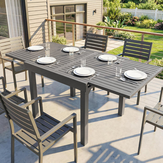 Portofino Extending Garden Table for 4-8 People, Aluminium Garden Dining Table with Slatted Top, Dark Grey