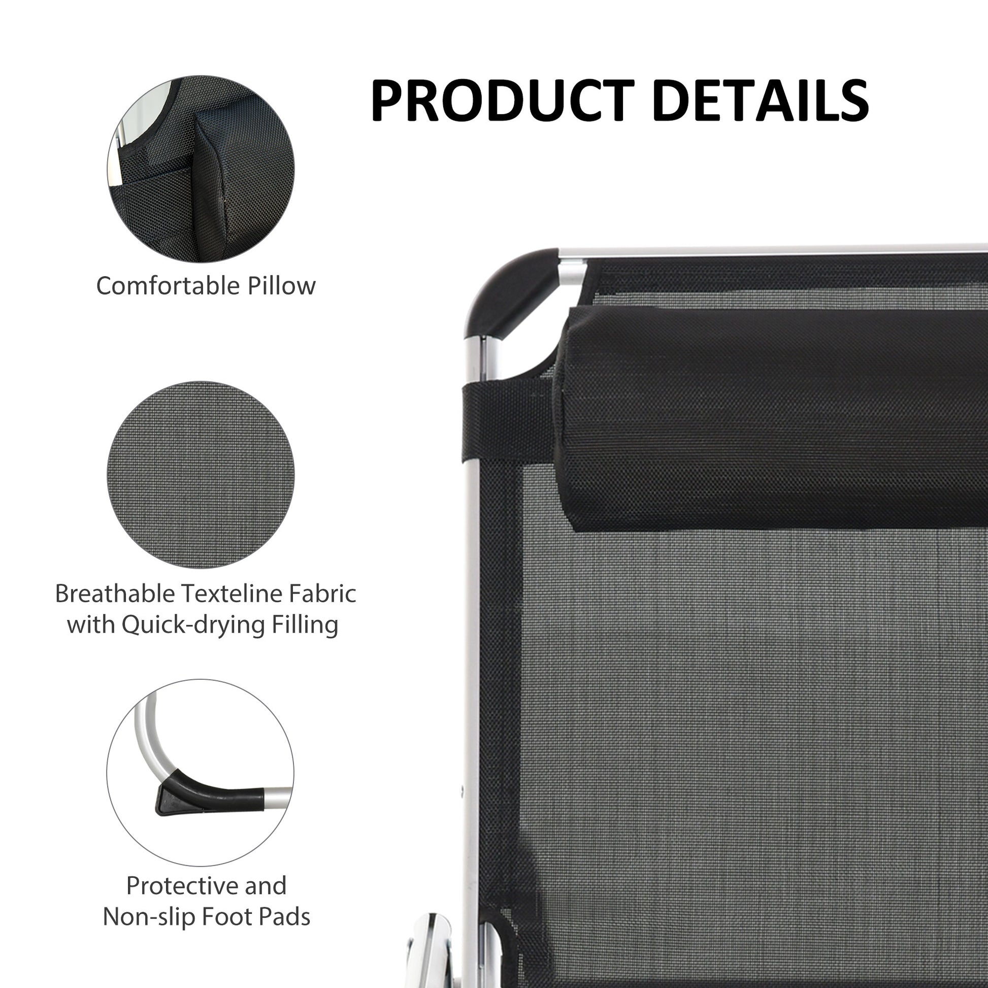 Outsunny Foldable Outdoor Sun Loungers Set of 2, Reclining Lounge Chair Camping Bed Cot with Pillow 4-Level Adjustable Back Aluminium Frame, Black