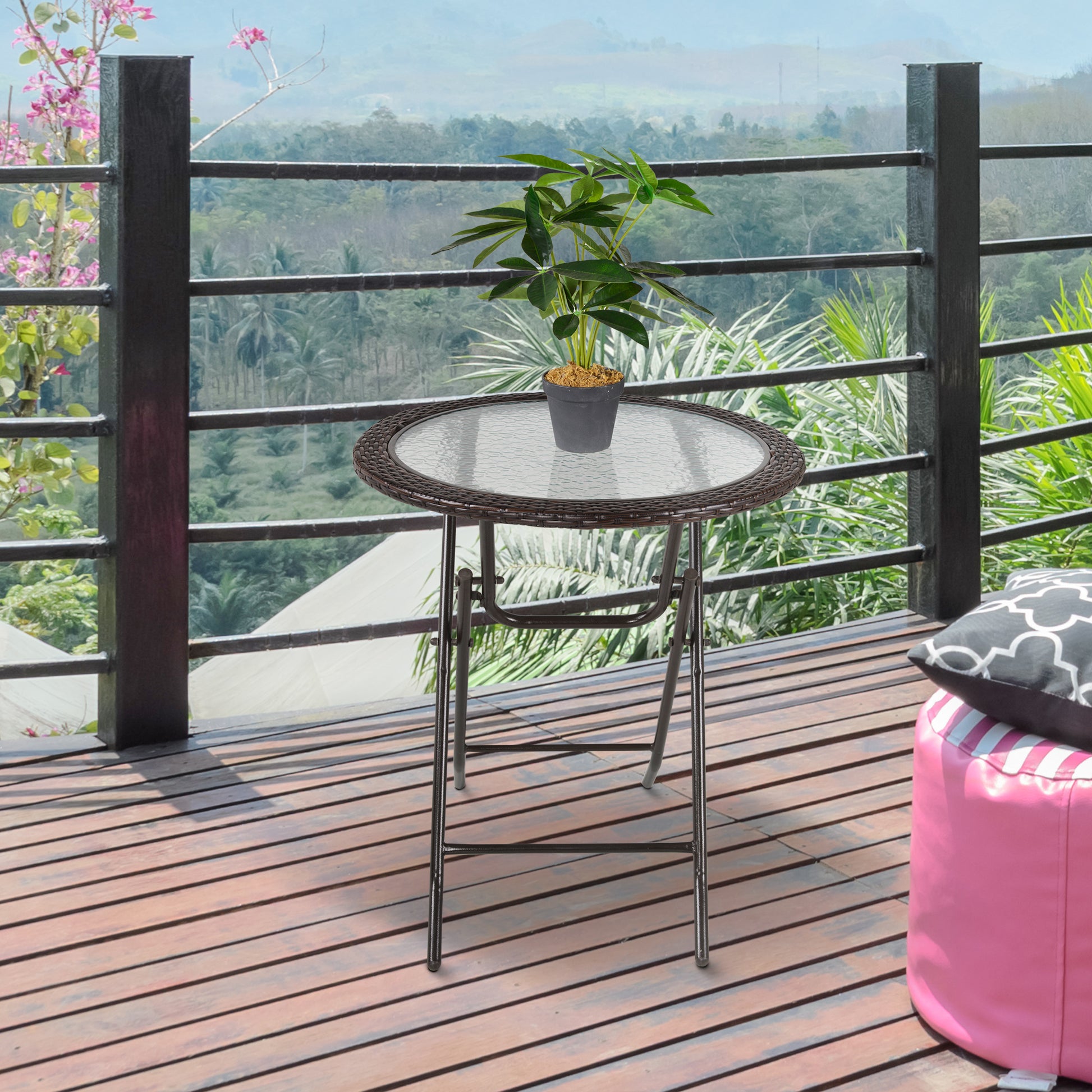 Folding Rattan Garden Dining Table, 68 cm Round Rattan Garden Table with Water Ripple Tempered Glass Top, Wicker Edging and Steel Frame for