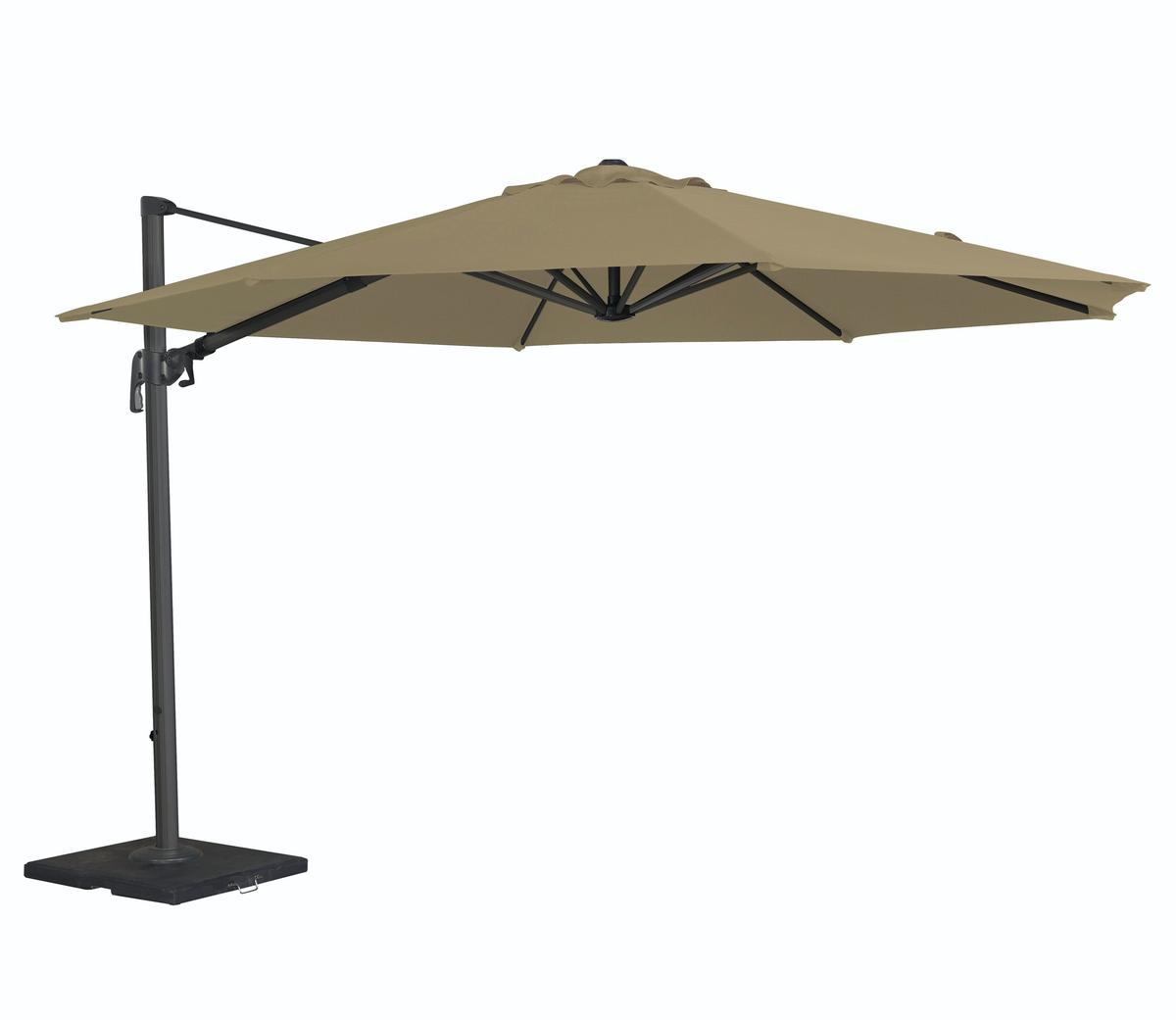 Beige outdoor cantilever parasol with an adjustable metal frame and square base, offering shade and sun protection for garden or patio areas, enhancing outdoor comfort.