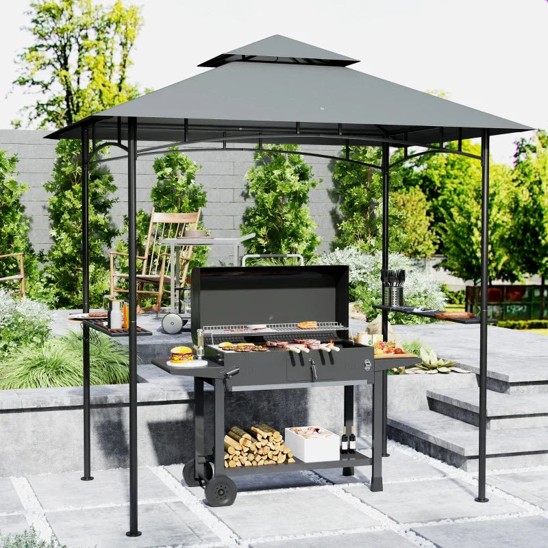 8ft x 5ft Dark Grey BBQ Gazebo Shelter with Double Vent Roof, LED Lighting, Side Shelves & Outdoor Grill Canopy