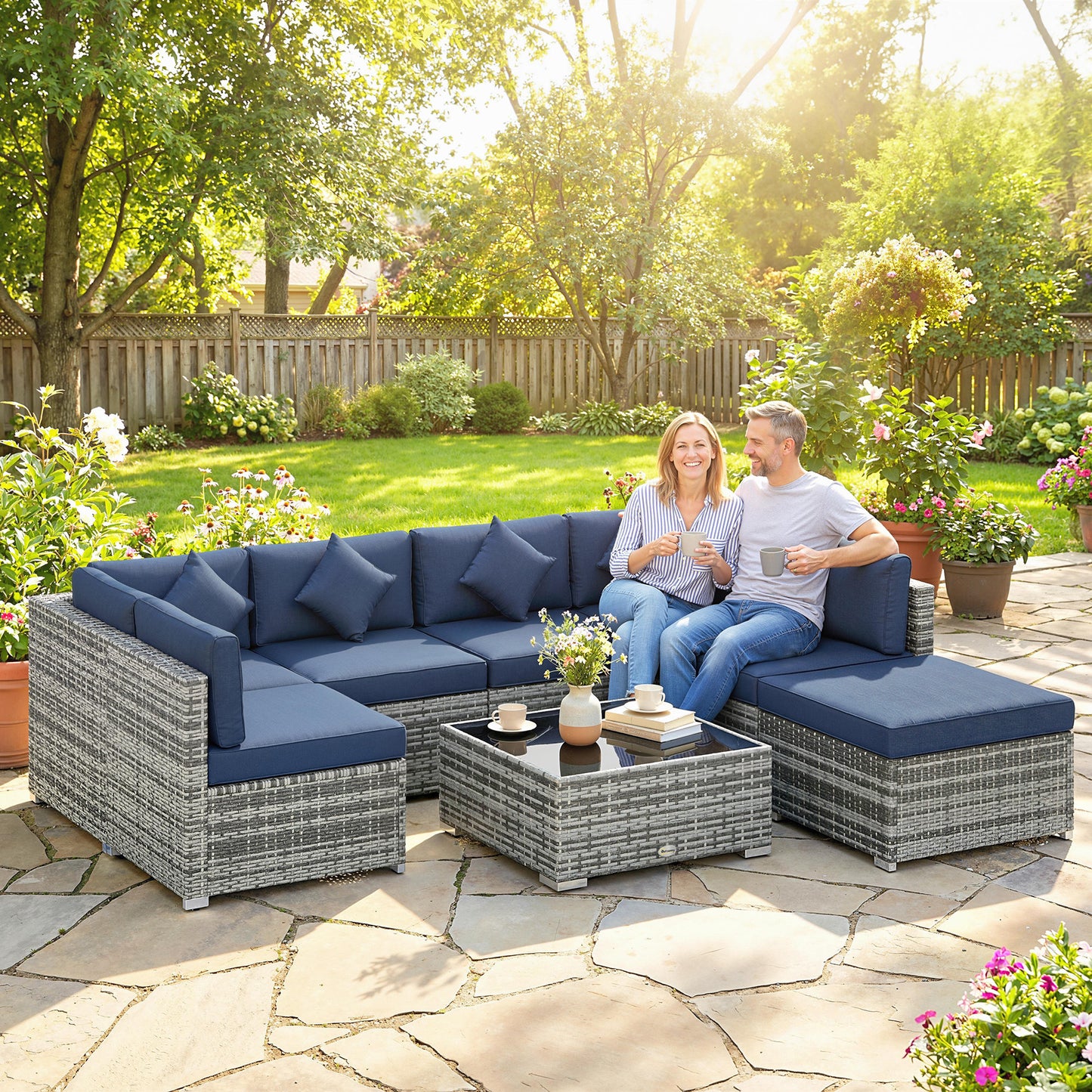 Marbella 8 Piece PE Rattan Corner Sofa Set, Garden Furniture Set, Patio Wicker Sofa Seater with Cushion, Dark Blue