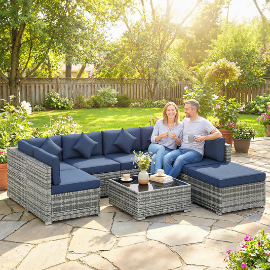 Marbella 8 Piece PE Rattan Corner Sofa Set, Garden Furniture Set, Patio Wicker Sofa Seater with Cushion, Dark Blue