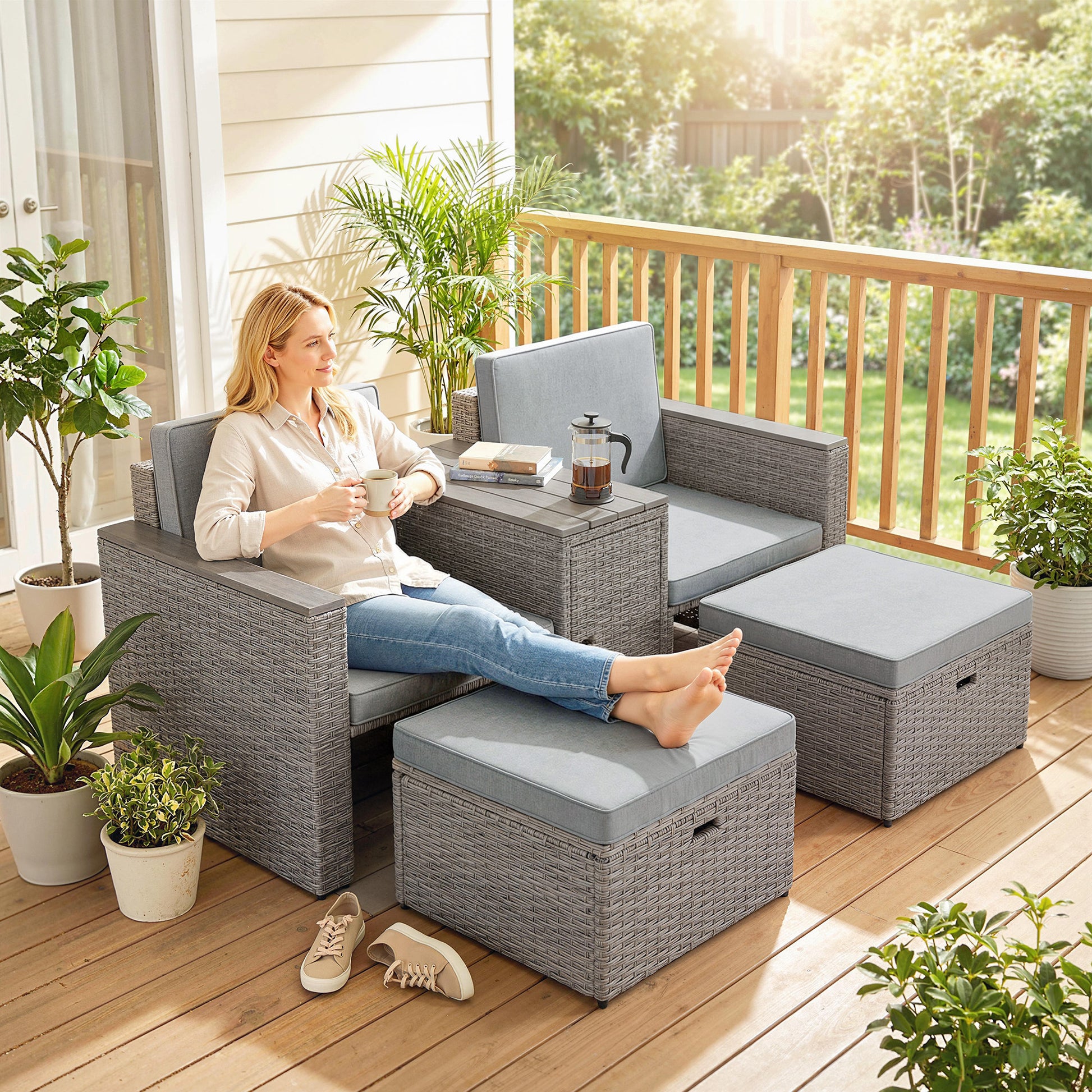 Tivoli 5 Piece Rattan Garden Furniture Set with Storage Table, Footstools, Cushions, Dark Grey