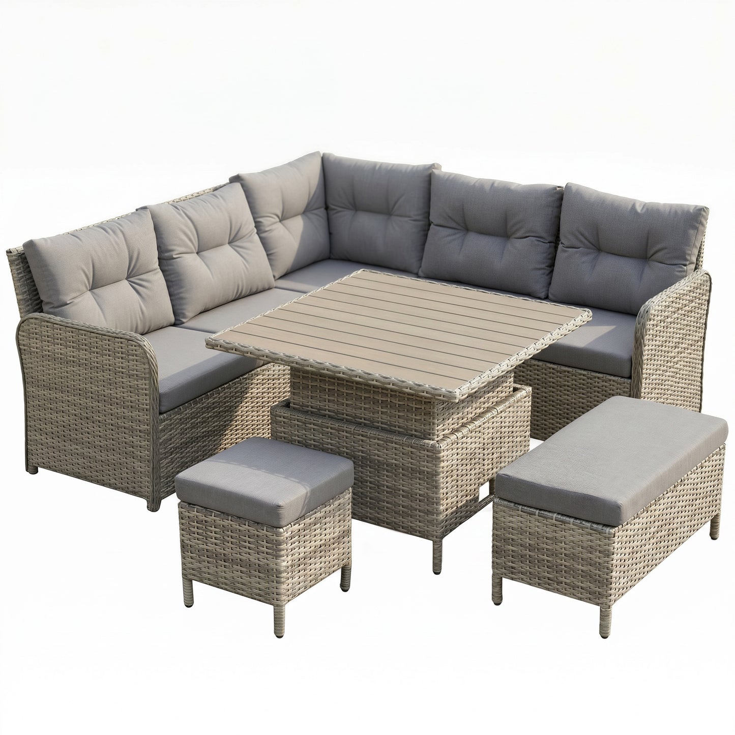 Outsunny 7 Seater Rattan Garden Furniture Set, 6 Piece Patio Dining Set with Liftable Coffee Table and Soft Padded Cushion, Wicker Sectional Conversation Corner Sofa, 123 x 55 x 84 cm, Light Grey