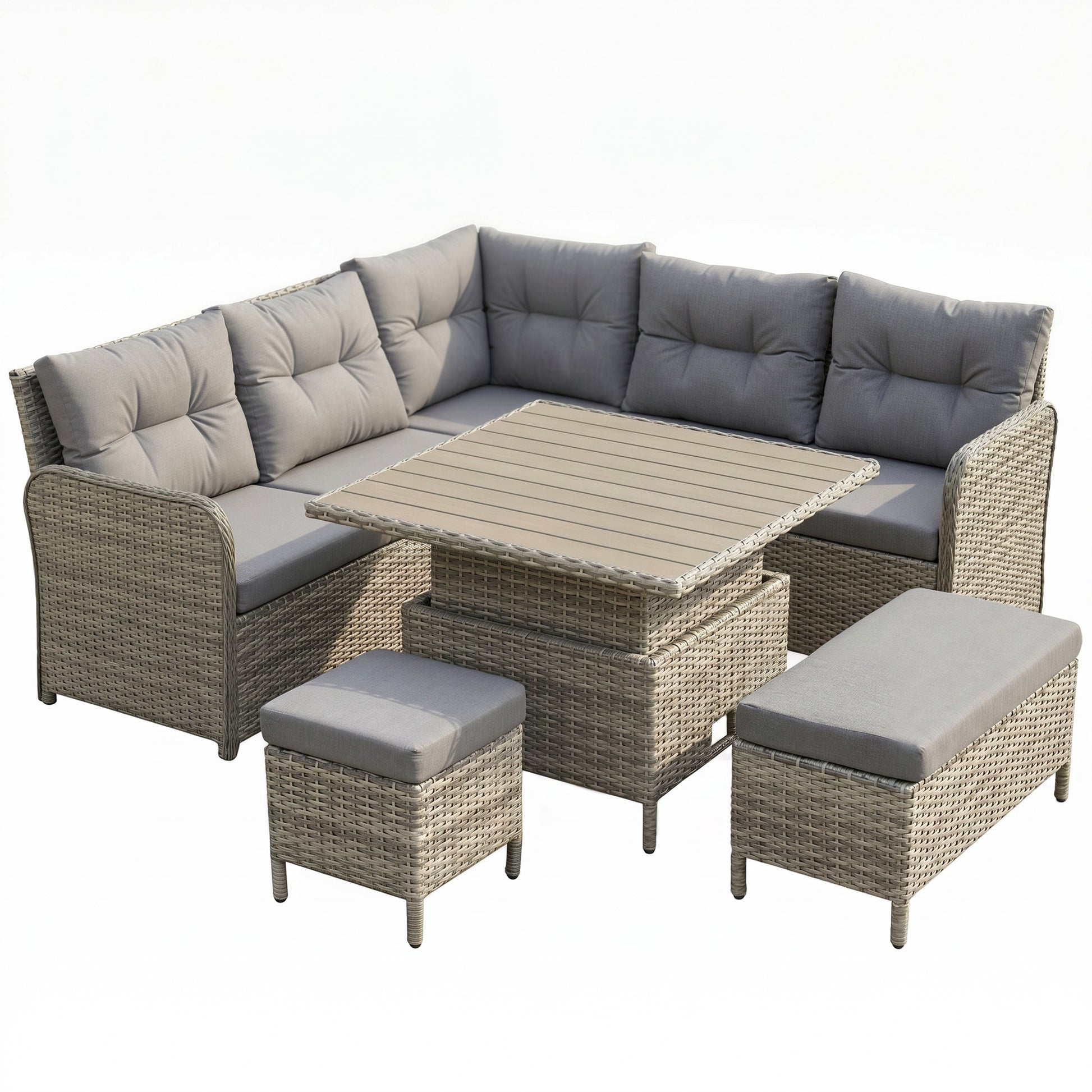 Outsunny 7 Seater Rattan Garden Furniture Set, 6 Piece Patio Dining Set with Liftable Coffee Table and Soft Padded Cushion, Wicker Sectional Conversation Corner Sofa, 123 x 55 x 84 cm, Light Grey