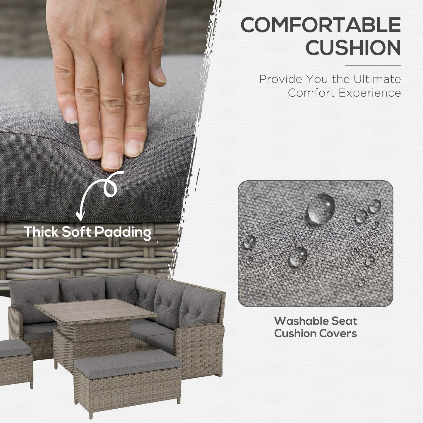 Outsunny 7 Seater Rattan Garden Furniture Set, 6 Piece Patio Dining Set with Liftable Coffee Table and Soft Padded Cushion, Wicker Sectional Conversation Corner Sofa, 123 x 55 x 84 cm, Light Grey