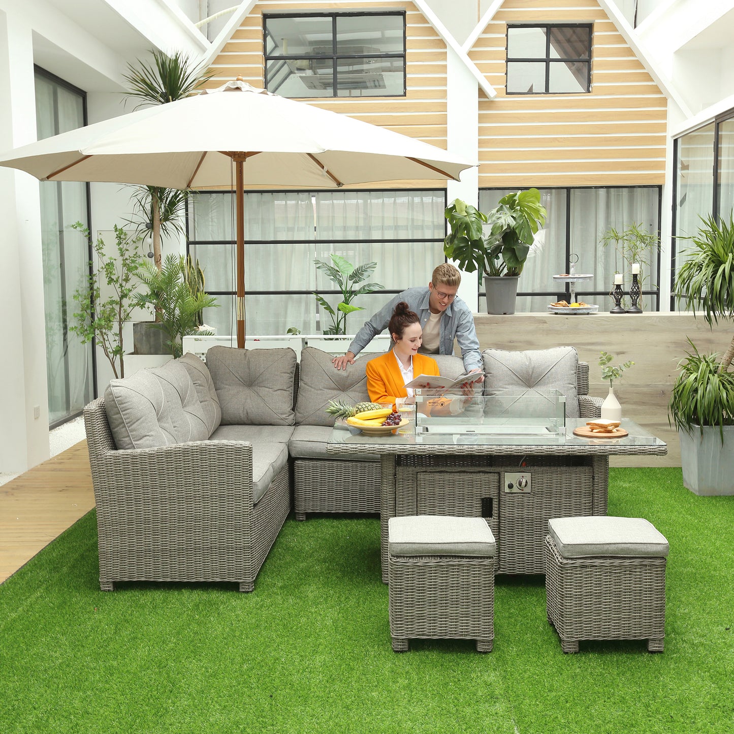 Ibiza 8-Seater Outdoor PE Rattan Sofa Set Conversation Set w/ Fire Pit Table, L-Shape Sofa