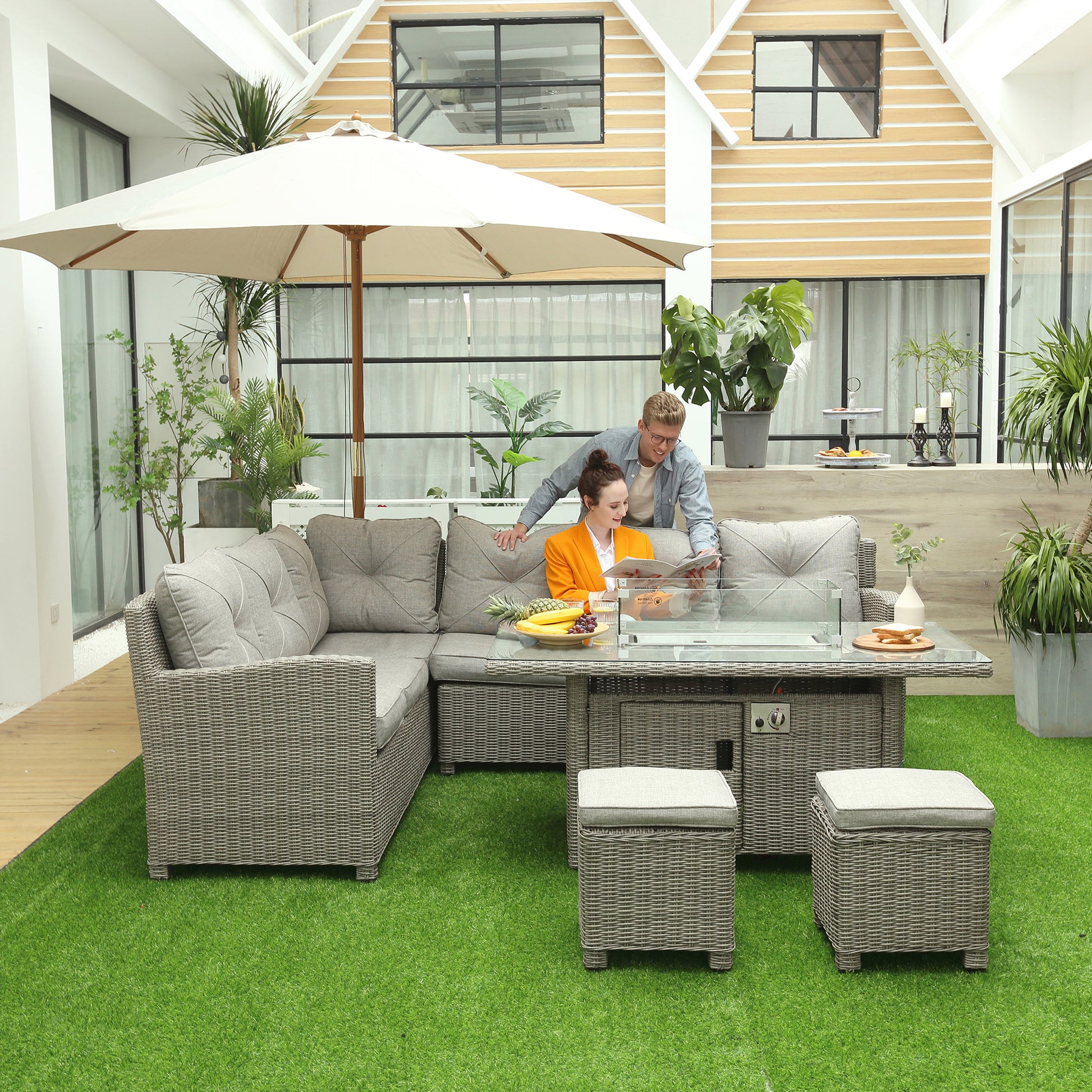 Ibiza 8-Seater Outdoor PE Rattan Sofa Set Conversation Set w/ Fire Pit Table, L-Shape Sofa