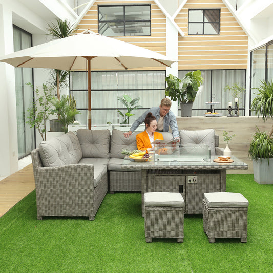 Ibiza 8-Seater Outdoor PE Rattan Sofa Set Conversation Set w/ Fire Pit Table, L-Shape Sofa