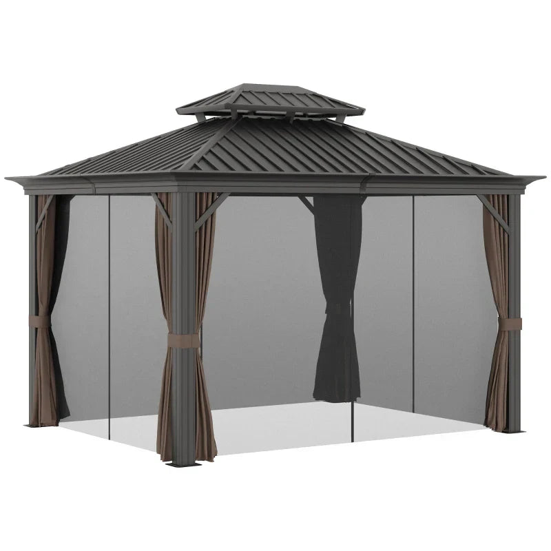 3.65m x 3m Aluminium Hardtop Gazebo - Brown Double Roof Patio Shelter with Privacy Curtains