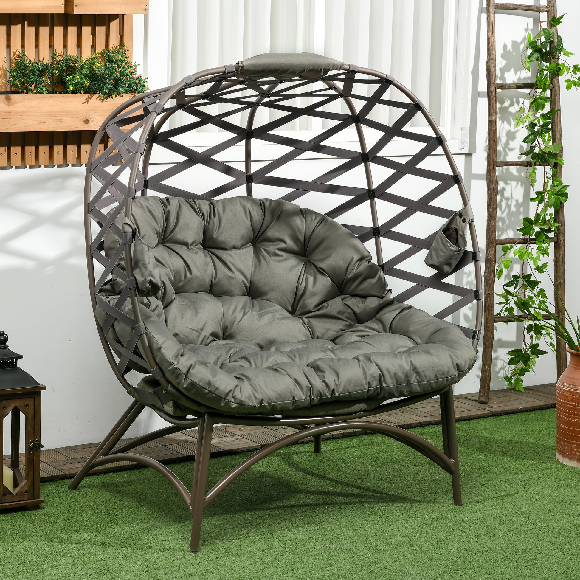 Amalfi 2 Seater Egg Chair Outdoor, Folding Weave Garden Furniture Chair with Cushion, Cup Pockets - Sand Brown
