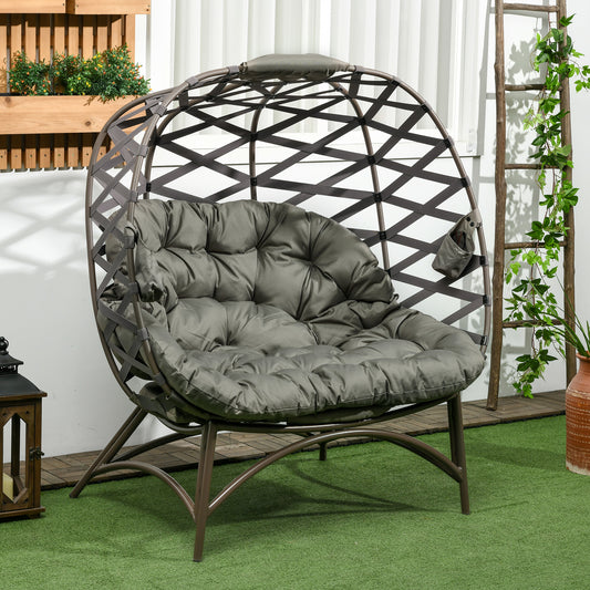Amalfi 2 Seater Egg Chair Outdoor, Folding Weave Garden Furniture Chair with Cushion, Cup Pockets - Sand Brown