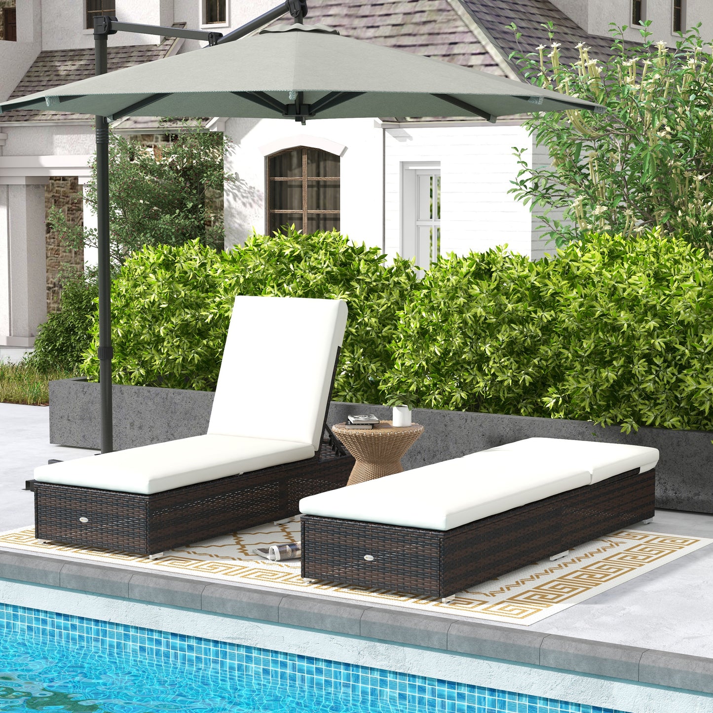 Portofino Set of Two Rattan Sun Loungers, with Reclining Backs - Brown/Cream