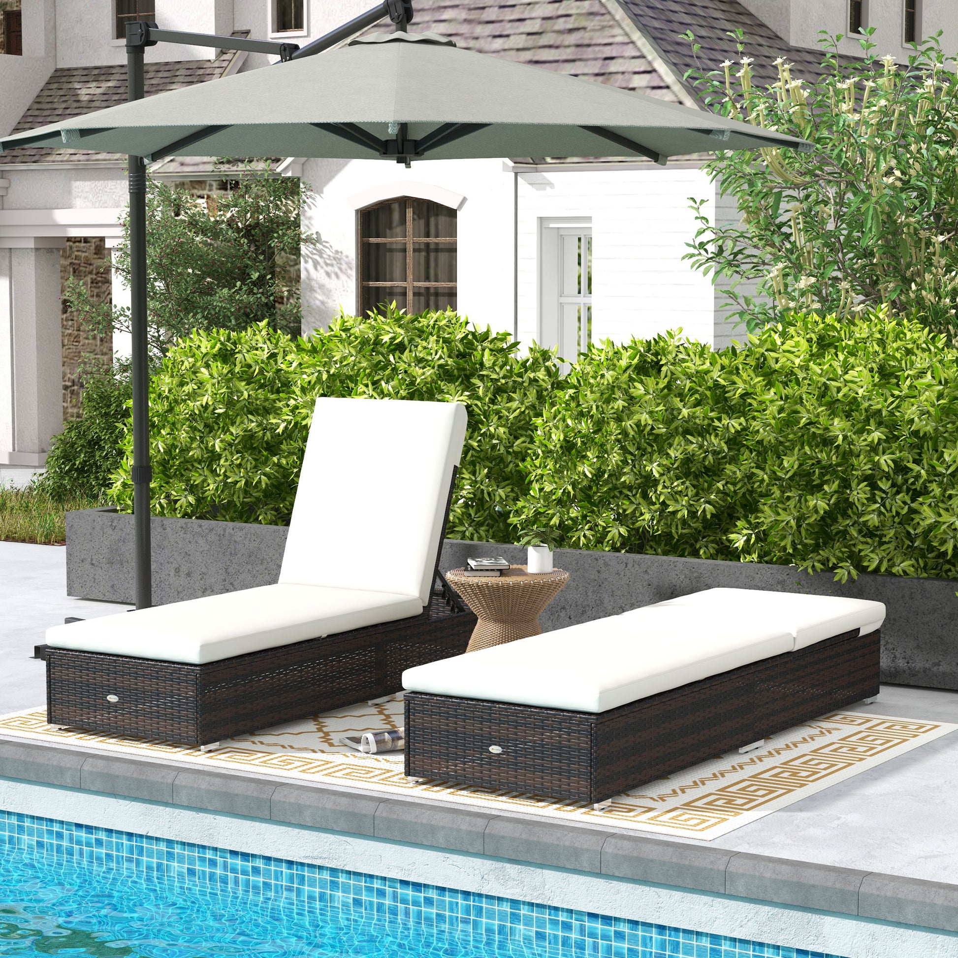 Portofino Set of Two Rattan Sun Loungers, with Reclining Backs - Brown/Cream