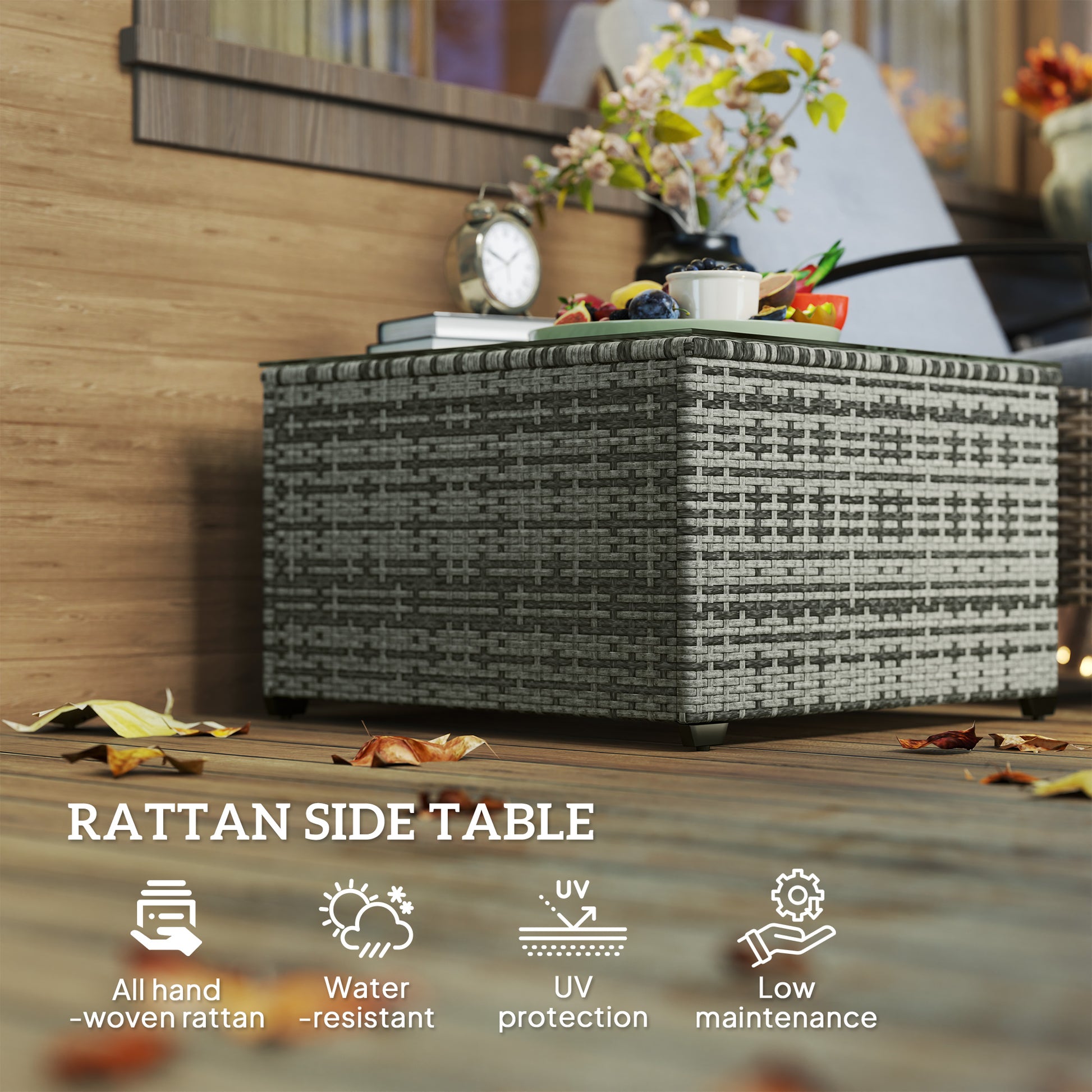 Outsunny 62 x 62cm Glass-Top Rattan Side Table - Light Grey