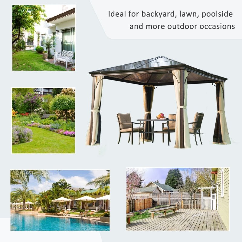 3x3m Premium Aluminium Hardtop Garden Gazebo with Polycarbonate Roof, Removable Curtains & Insect Mesh Enclosure