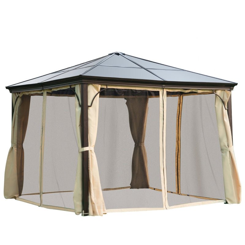 3x3m Premium Aluminium Hardtop Garden Gazebo with Polycarbonate Roof, Removable Curtains & Insect Mesh Enclosure