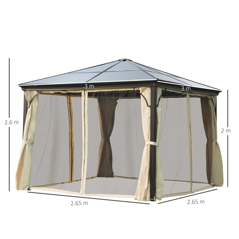 3x3m Premium Aluminium Hardtop Garden Gazebo with Polycarbonate Roof, Removable Curtains & Insect Mesh Enclosure