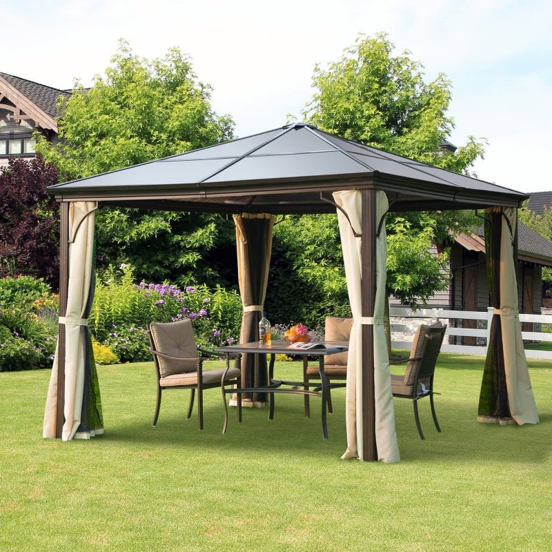3x3m Premium Aluminium Hardtop Garden Gazebo with Polycarbonate Roof, Removable Curtains & Insect Mesh Enclosure