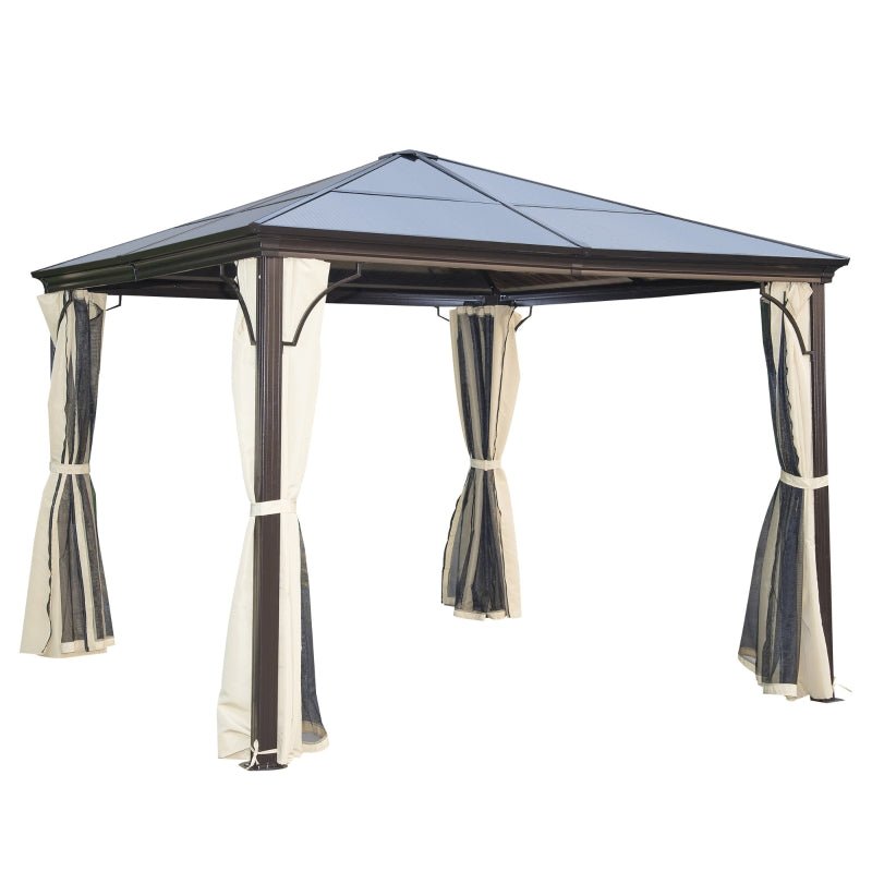 3x3m Premium Aluminium Hardtop Garden Gazebo with Polycarbonate Roof, Removable Curtains & Insect Mesh Enclosure