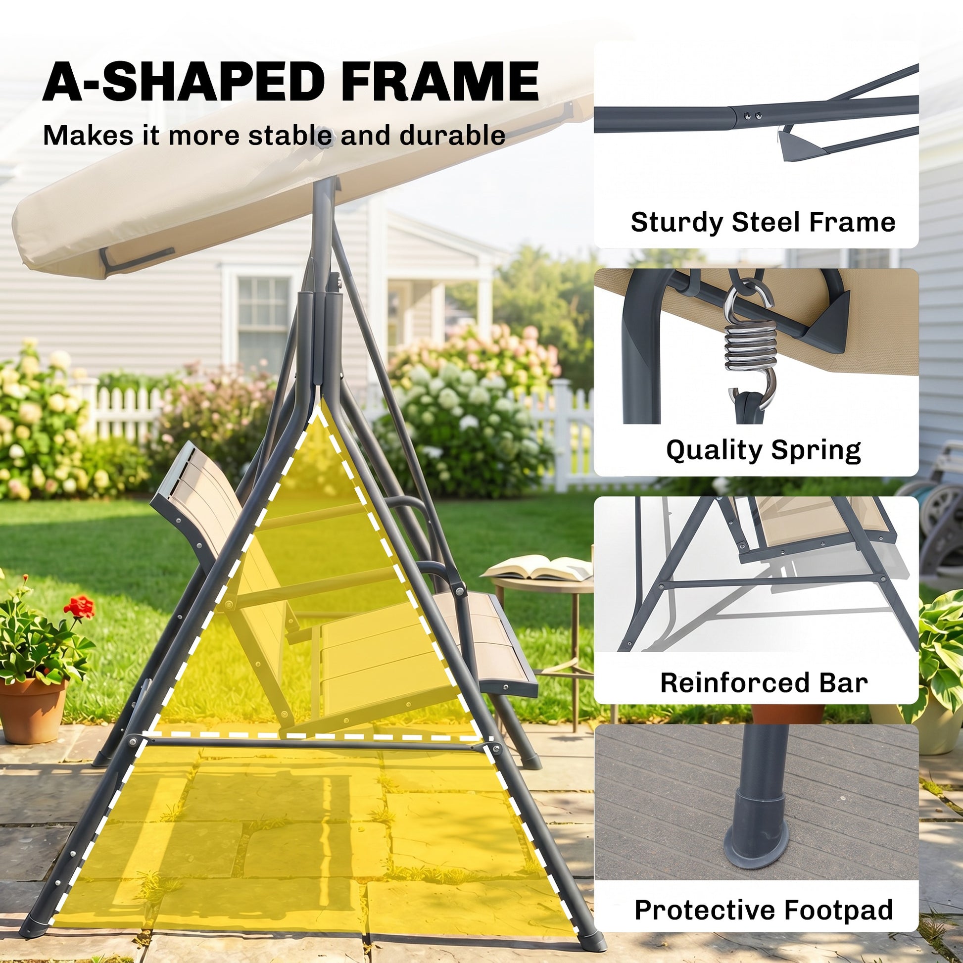 Outsunny 3 Seater Swing Chair, Garden Swing Bench with Adjustable Tilting Canopy, Breathable Mesh Seat and Heavy Duty Steel Frame for Patio, Yard, Beige