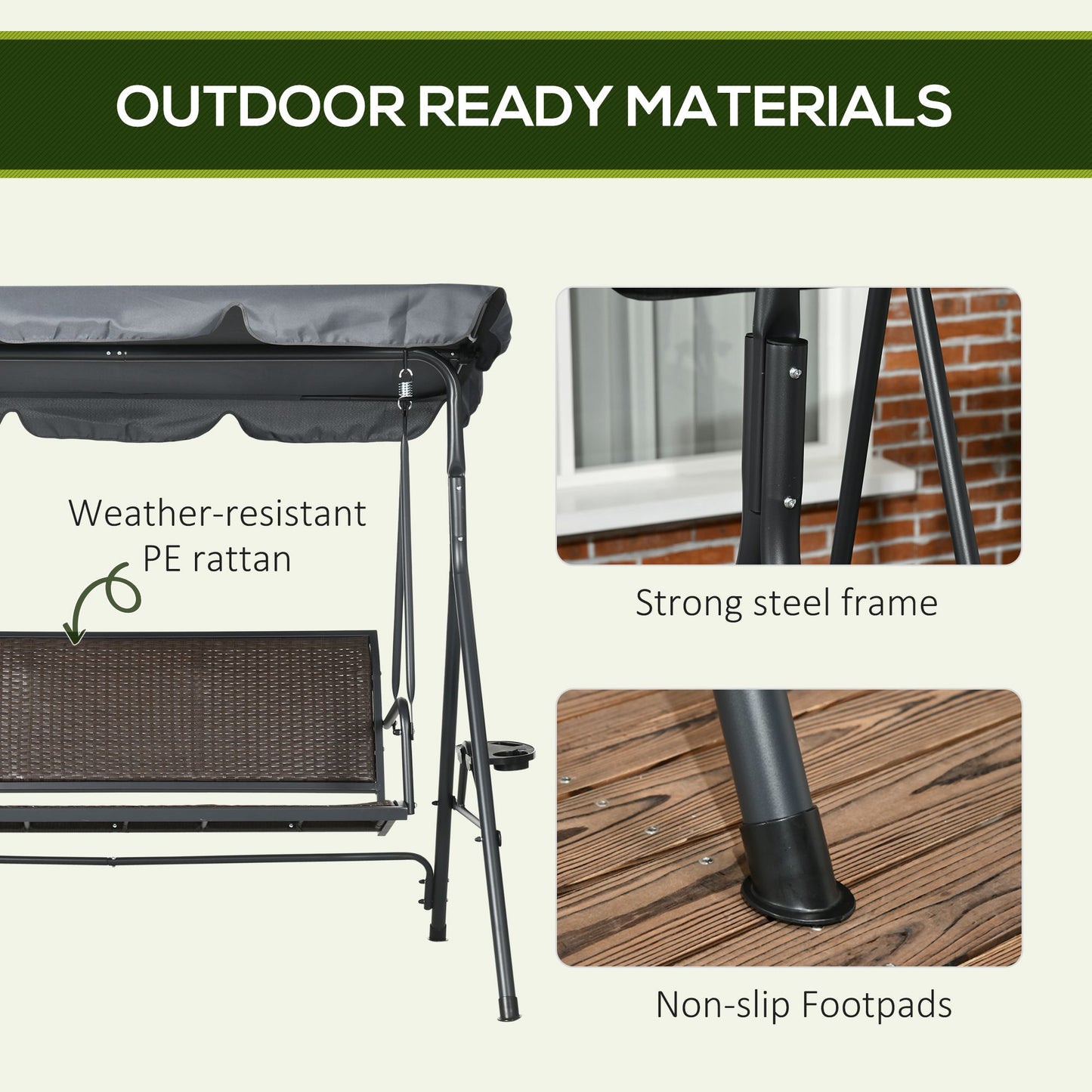 Outsunny 3 Seater Swing Chair, Garden Swing Seat Bench with Adjustable Canopy, Rattan Seat and Steel Frame for Patio, Yard, Dark Grey