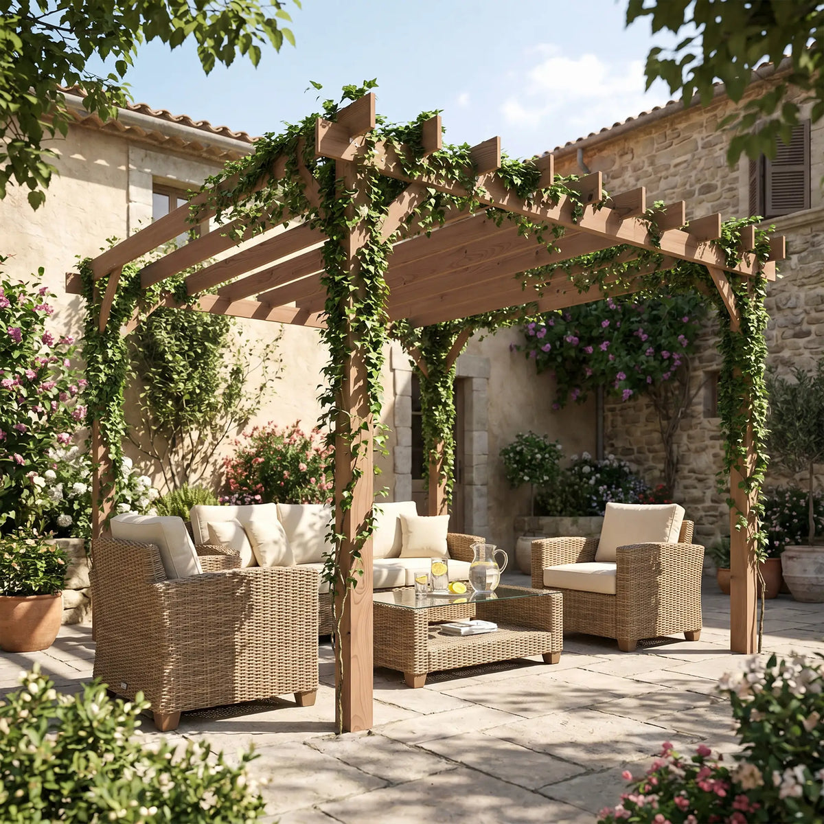 3m x 3m Wooden Pergola Kit – Maple Wood – Effect Garden Pergola with Grape Trellis Roof and Triangle Supports