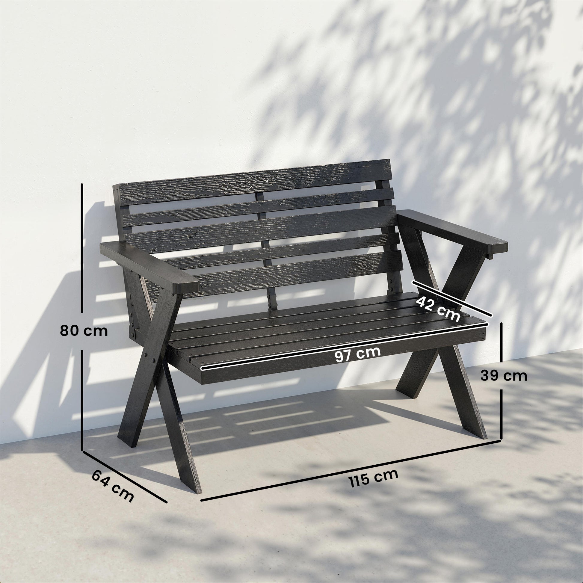 Outsunny 2 Seater Wooden Garden Bench, Slatted Patio Bench with Armrest and Backrest, Black