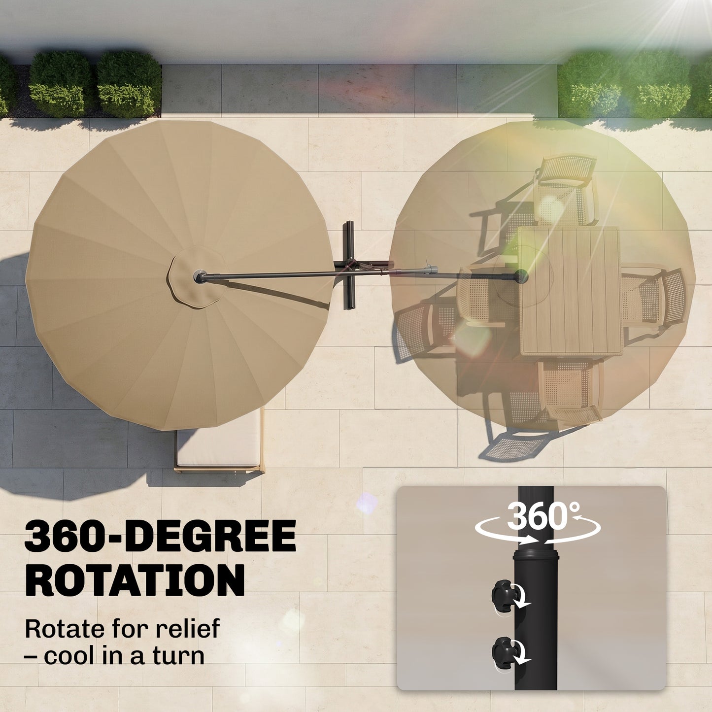 Outsunny 3(m) Cantilever Umbrella 18 Ribs & Vents Adjustable Angle for Patio Khaki