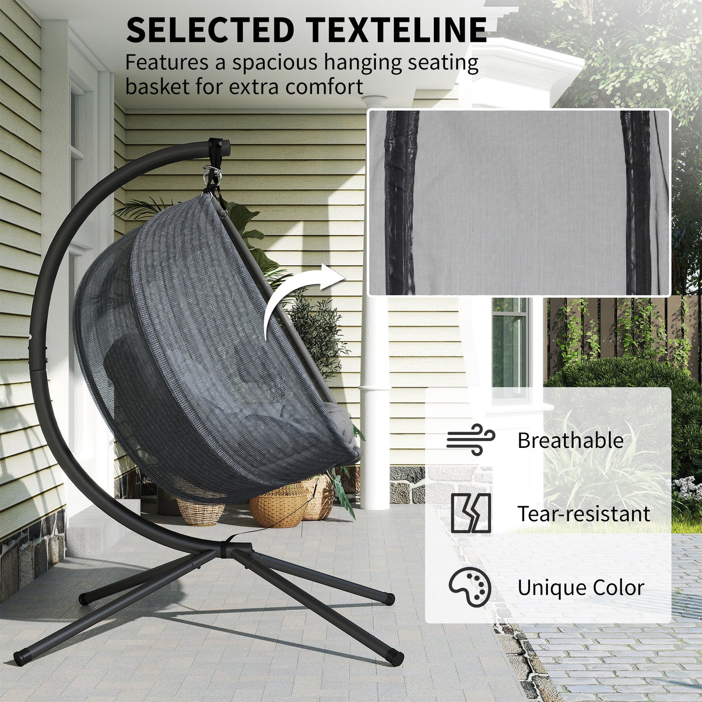 Outsunny Double Hanging Egg Chair 2 Seaters Texteline Swing Hammock Chair with Folding Design, Grey