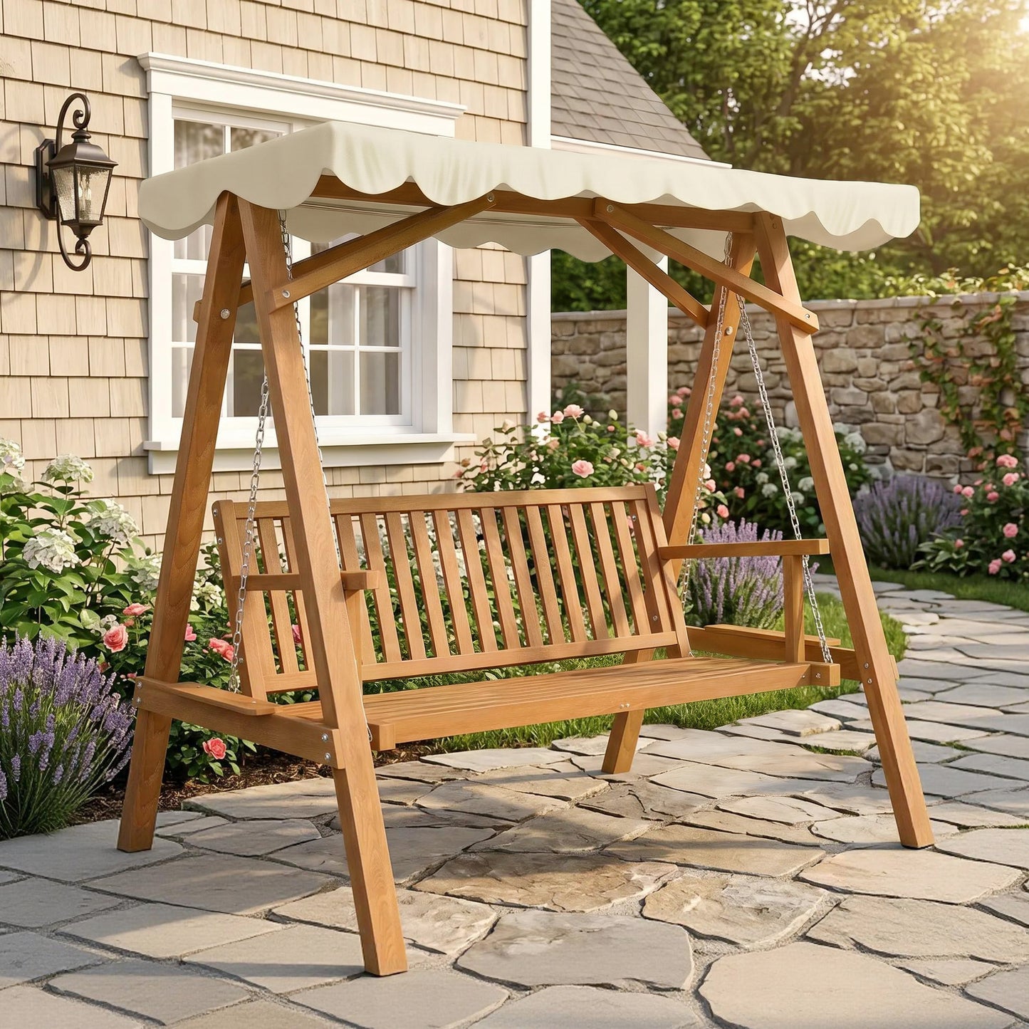 Verona 2 Seater Garden Swing Seat with Canopy, Wooden Swing Chair, Outdoor Hammock Bench for Balcony Patio Porch