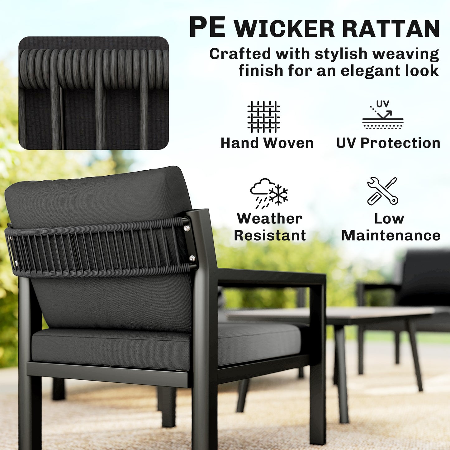 Outsunny 4 Seater Rattan Garden Furniture Set with 2 Armchairs, Loveseat, Coffee Table, Dark Grey